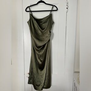 Pookie And Sebastian Olive Satin Cowl Neck Midi Slit Dress size Medium NEW $128